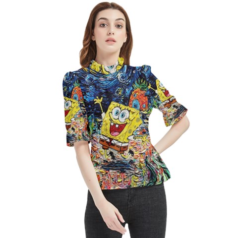 Art Cartoon Starry Night Van Gogh Frill Neck Blouse by Modalart