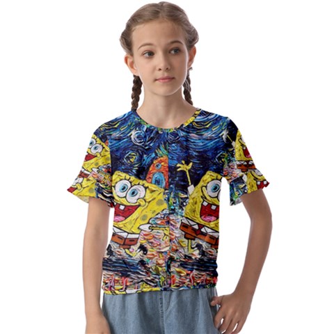 Art Cartoon Starry Night Van Gogh Kids  Cuff Sleeve Scrunch Bottom T-shirt by Modalart