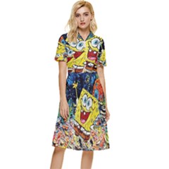 Art Cartoon Starry Night Van Gogh Button Top Knee Length Dress