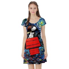 Dog Flying House Cartoon Starry Night Vincent Van Gogh Parody Short Sleeve Skater Dress by Modalart