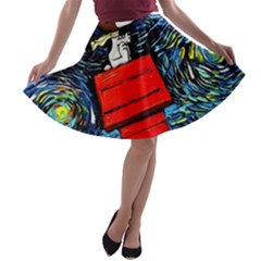 Dog Flying House Cartoon Starry Night Vincent Van Gogh Parody A-line Skater Skirt by Modalart