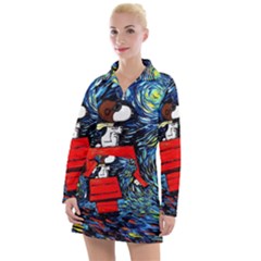 Dog Flying House Cartoon Starry Night Vincent Van Gogh Parody Women s Long Sleeve Casual Dress by Modalart