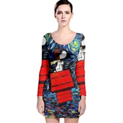 Dog Flying House Cartoon Starry Night Vincent Van Gogh Parody Long Sleeve Velvet Bodycon Dress