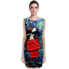 Dog Flying House Cartoon Starry Night Vincent Van Gogh Parody Sleeveless Velvet Midi Dress