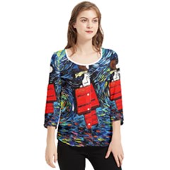 Dog Flying House Cartoon Starry Night Vincent Van Gogh Parody Chiffon Quarter Sleeve Blouse by Modalart