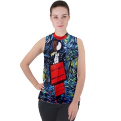 Dog Flying House Cartoon Starry Night Vincent Van Gogh Parody Mock Neck Chiffon Sleeveless Top by Modalart