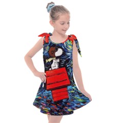 Dog Flying House Cartoon Starry Night Vincent Van Gogh Parody Kids  Tie Up Tunic Dress by Modalart