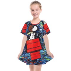 Dog Flying House Cartoon Starry Night Vincent Van Gogh Parody Kids  Smock Dress by Modalart