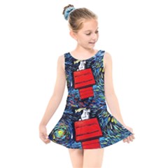 Dog Flying House Cartoon Starry Night Vincent Van Gogh Parody Kids  Skater Dress Swimsuit by Modalart