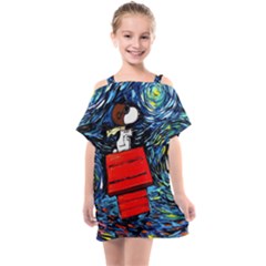 Dog Flying House Cartoon Starry Night Vincent Van Gogh Parody Kids  One Piece Chiffon Dress by Modalart