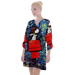 Dog Flying House Cartoon Starry Night Vincent Van Gogh Parody Open Neck Shift Dress by Modalart