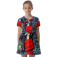 Dog Flying House Cartoon Starry Night Vincent Van Gogh Parody Kids  Short Sleeve Pinafore Style Dress by Modalart