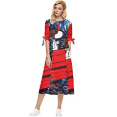 Dog Flying House Cartoon Starry Night Vincent Van Gogh Parody Bow Sleeve Chiffon Midi Dress by Modalart