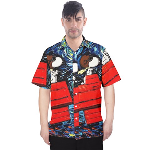 Dog Flying House Cartoon Starry Night Vincent Van Gogh Parody Men s Hawaii Shirt by Modalart