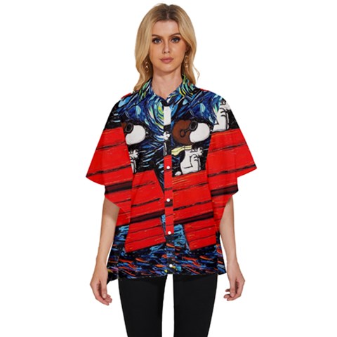 Dog Flying House Cartoon Starry Night Vincent Van Gogh Parody Women s Batwing Button Up Shirt by Modalart