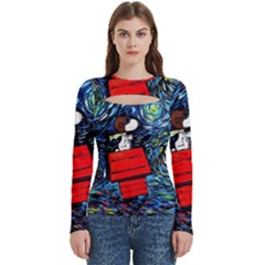 Dog Flying House Cartoon Starry Night Vincent Van Gogh Parody Women s Cut Out Long Sleeve T-shirt by Modalart