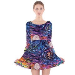 Cartoon Dog Vincent Van Gogh s Starry Night Parody Long Sleeve Velvet Skater Dress