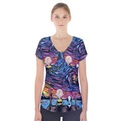 Cartoon Dog Vincent Van Gogh s Starry Night Parody Short Sleeve Front Detail Top by Modalart