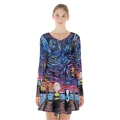 Cartoon Dog Vincent Van Gogh s Starry Night Parody Long Sleeve Velvet V-neck Dress