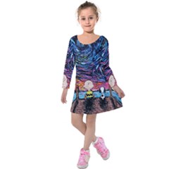 Cartoon Dog Vincent Van Gogh s Starry Night Parody Kids  Long Sleeve Velvet Dress