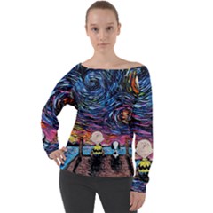 Cartoon Dog Vincent Van Gogh s Starry Night Parody Off Shoulder Long Sleeve Velour Top by Modalart