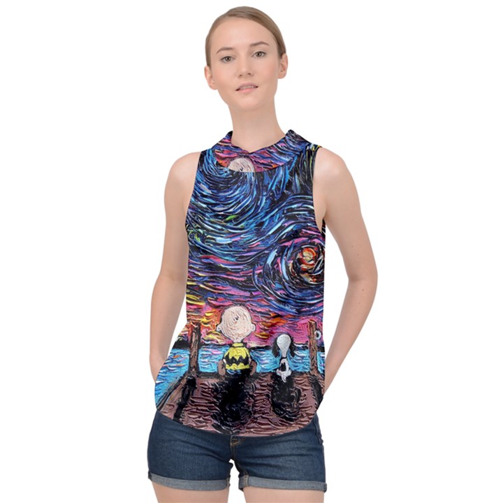 Cartoon Dog Vincent Van Gogh s Starry Night Parody High Neck Satin Top