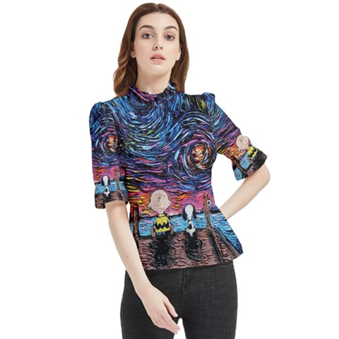 Cartoon Dog Vincent Van Gogh s Starry Night Parody Frill Neck Blouse by Modalart