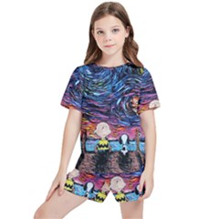 Cartoon Dog Vincent Van Gogh s Starry Night Parody Kids  T-shirt And Sports Shorts Set by Modalart