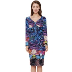 Cartoon Dog Vincent Van Gogh s Starry Night Parody Long Sleeve V-neck Bodycon Dress  by Modalart