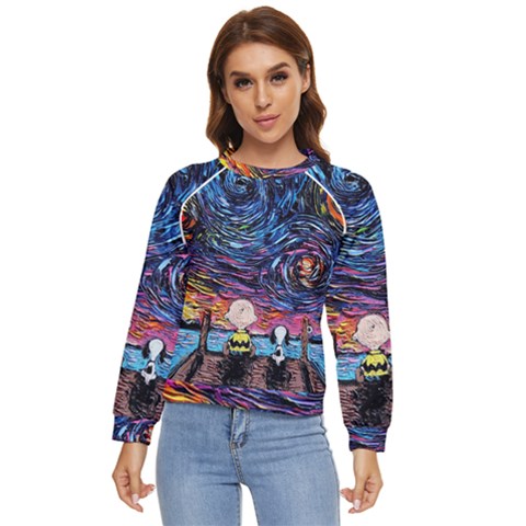 Cartoon Dog Vincent Van Gogh s Starry Night Parody Women s Long Sleeve Raglan T-shirt by Modalart