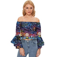 Cartoon Dog Vincent Van Gogh s Starry Night Parody Off Shoulder Flutter Bell Sleeve Top