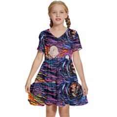 Cartoon Dog Vincent Van Gogh s Starry Night Parody Kids  Short Sleeve Tiered Mini Dress by Modalart