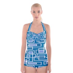 Geometric Rectangle Shape Linear Boyleg Halter Swimsuit  by Pakjumat