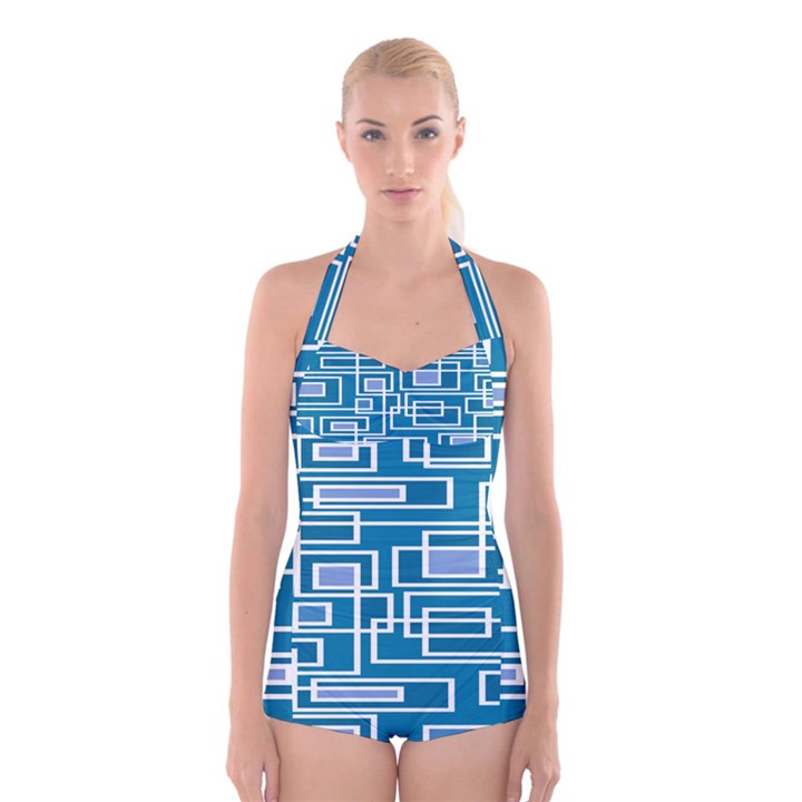 Geometric Rectangle Shape Linear Boyleg Halter Swimsuit 