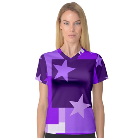 Purple Stars Pattern Shape V-neck Sport Mesh T-shirt by Pakjumat