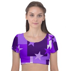 Purple Stars Pattern Shape Velvet Short Sleeve Crop Top  by Pakjumat