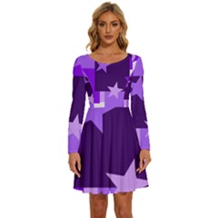 Purple Stars Pattern Shape Long Sleeve Wide Neck Velvet Dress by Pakjumat