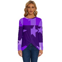 Purple Stars Pattern Shape Long Sleeve Crew Neck Pullover Top by Pakjumat