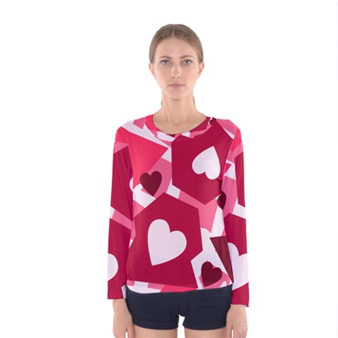 Pink Hearts Pattern Love Shape Women s Long Sleeve T-shirt by Pakjumat