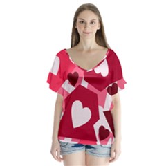 Pink Hearts Pattern Love Shape V-neck Flutter Sleeve Top by Pakjumat