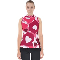 Pink Hearts Pattern Love Shape Mock Neck Shell Top by Pakjumat