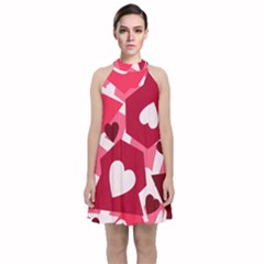 Pink Hearts Pattern Love Shape Velvet Halter Neckline Dress  by Pakjumat