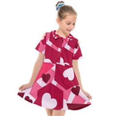 Pink Hearts Pattern Love Shape Kids  Short Sleeve Shirt Dress by Pakjumat