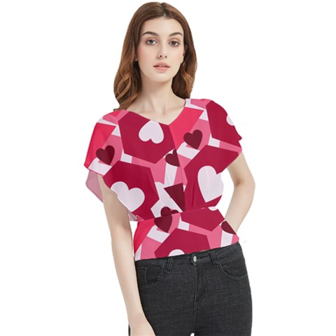 Pink Hearts Pattern Love Shape Butterfly Chiffon Blouse by Pakjumat