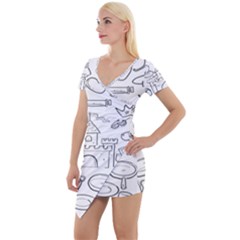 Baby Hand Sketch Drawn Toy Doodle Short Sleeve Asymmetric Mini Dress by Pakjumat