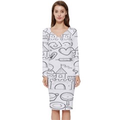 Baby Hand Sketch Drawn Toy Doodle Long Sleeve V-neck Bodycon Dress  by Pakjumat