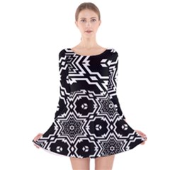 Black And White Pattern Background Structure Long Sleeve Velvet Skater Dress by Pakjumat