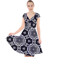 Black And White Pattern Background Structure Cap Sleeve Front Wrap Midi Dress by Pakjumat