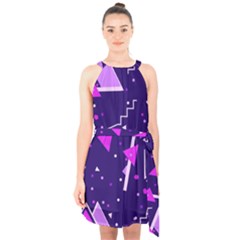 Purple Blue Geometric Pattern Halter Collar Waist Tie Chiffon Dress by Pakjumat