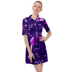 Purple Blue Geometric Pattern Belted Shirt Dress by Pakjumat